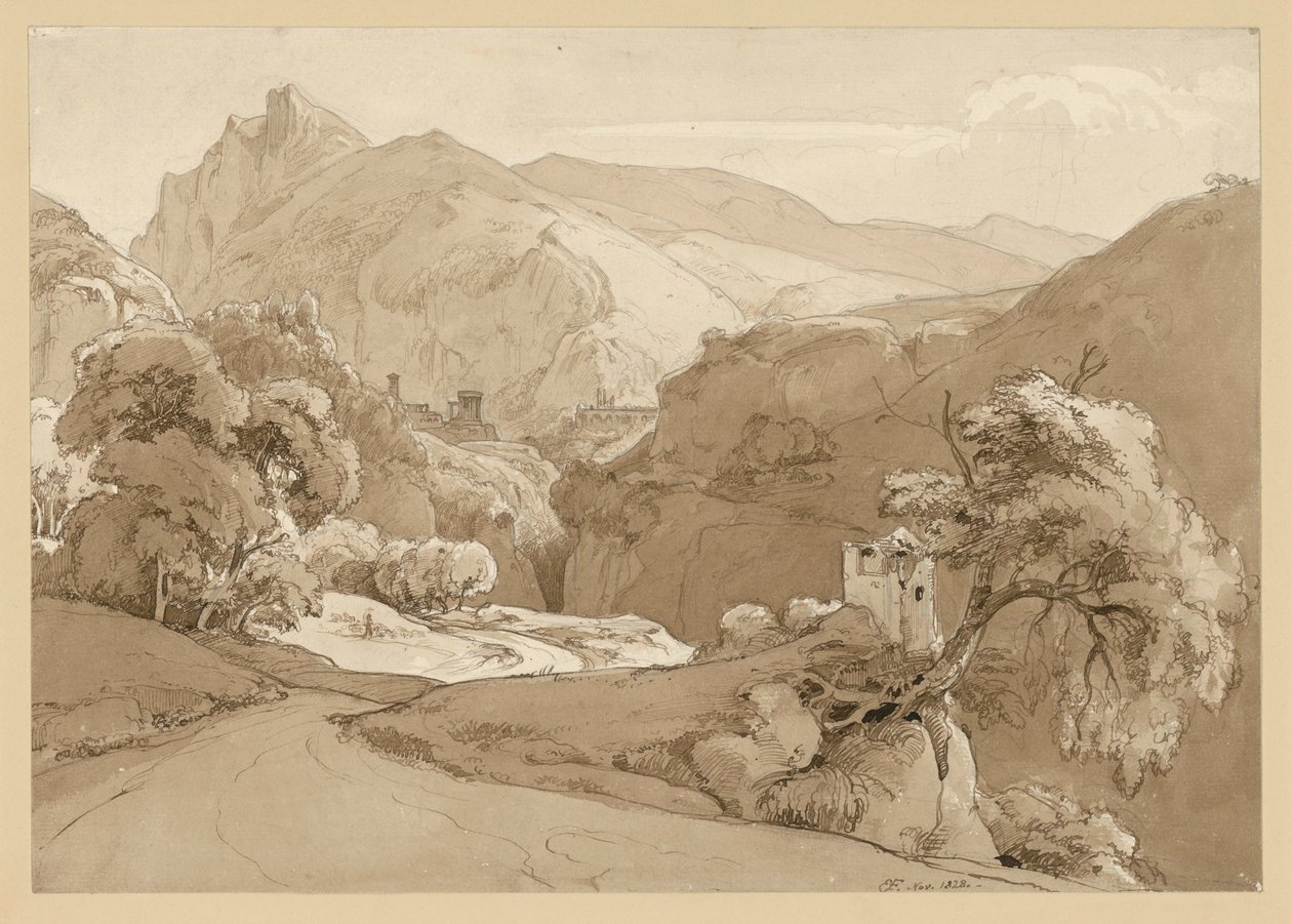 Paesaggio montano italiano; in secondo piano, le rovine di un tempio circolare da Ernst Fries
