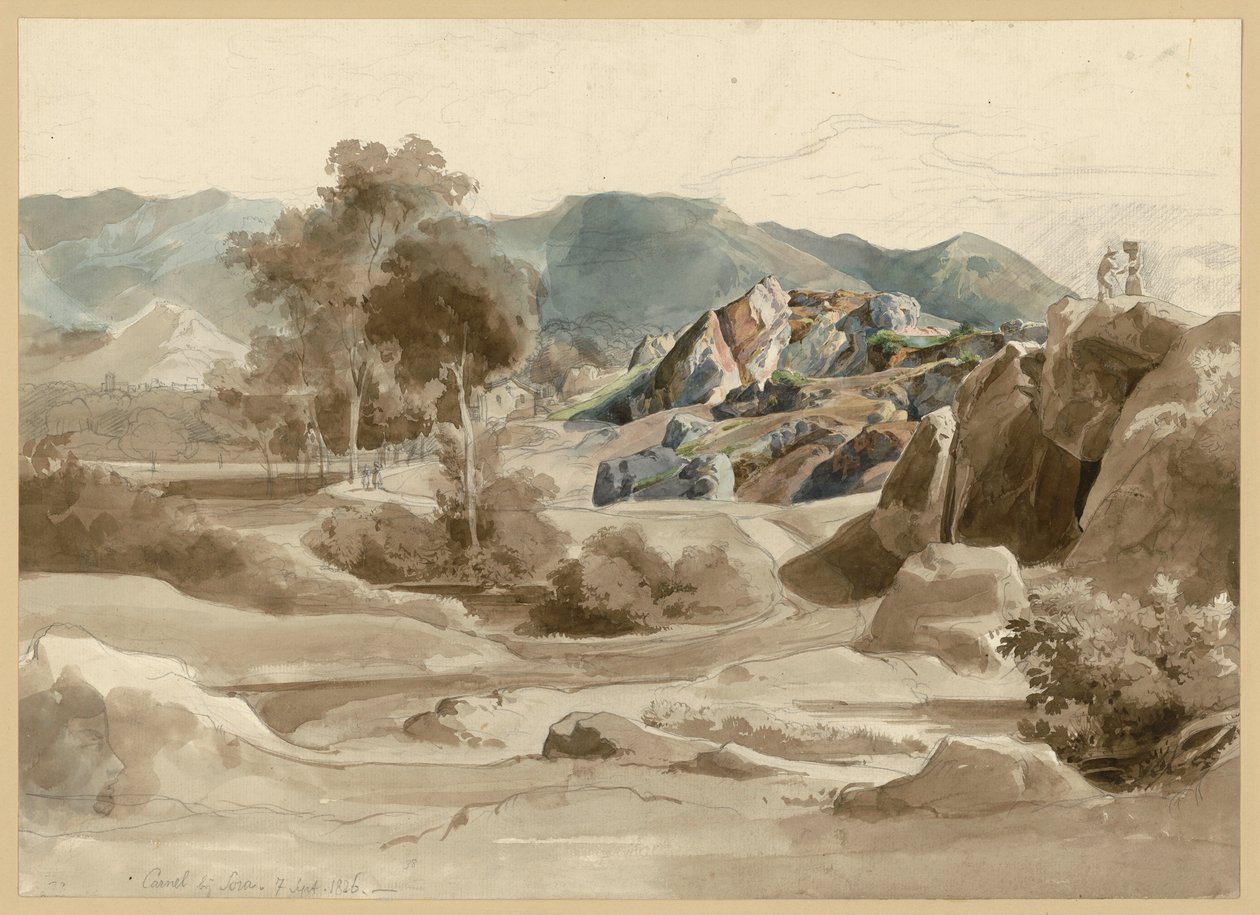Paesaggio italiano con ruscello, alberi e una casa lungo la strada e una frastagliata formazione rocciosa. Camel presso Sora da Ernst Fries