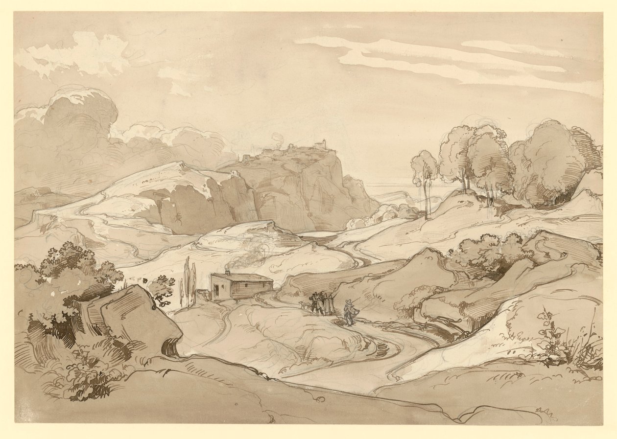 Paesaggio italiano con colline rocciose e alberi, una capanna e figure di staffage lungo il sentiero da Ernst Fries