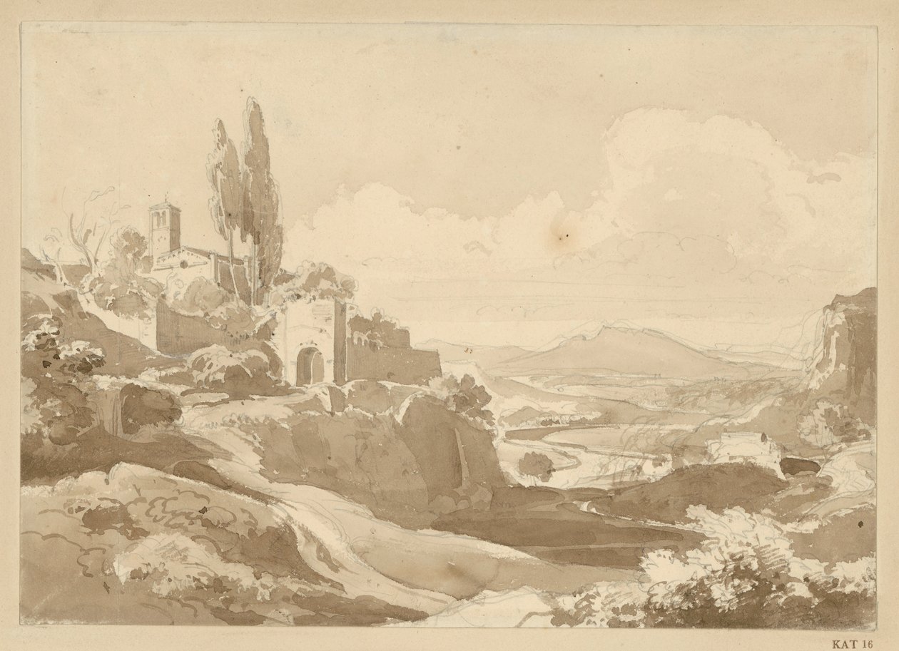 Paesaggio sui Monti Albani; sulla collina a sinistra si vedono un cancello e una chiesa da Ernst Fries
