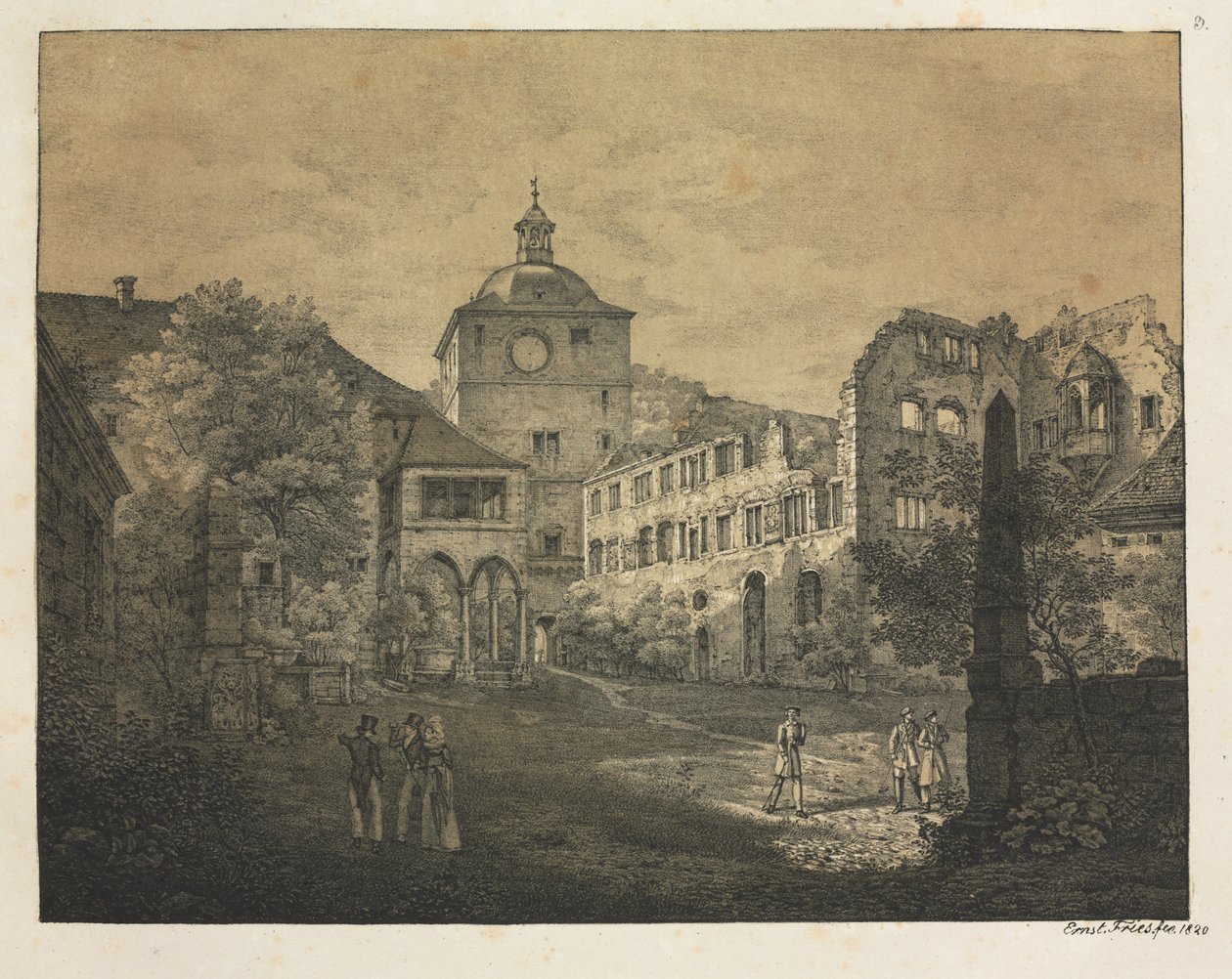 Sei Vedute del Castello di Heidelberg: Terrazza del Castello, 1820 da Ernst Fries
