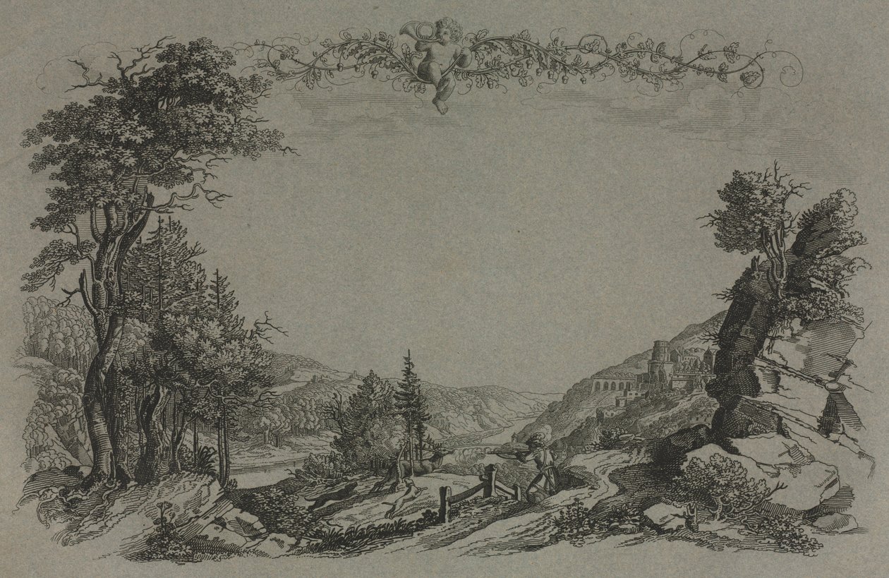 Sei vedute del Castello di Heidelberg: Copertina, Scena di caccia, 1820 da Ernst Fries