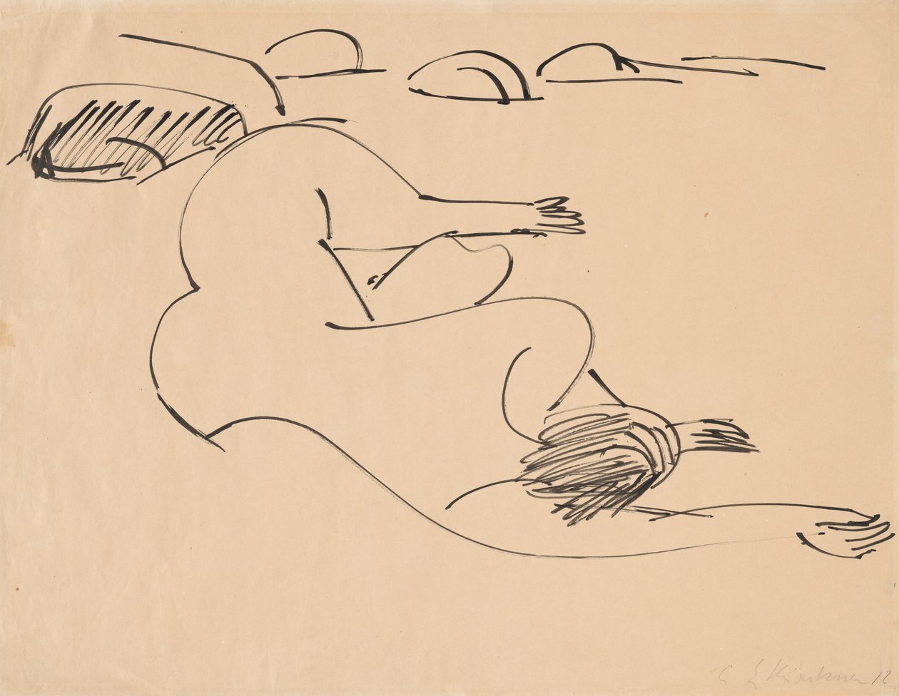 Erna sdraiata sulla spiaggia tra le rocce da Ernst Ludwig Kirchner
