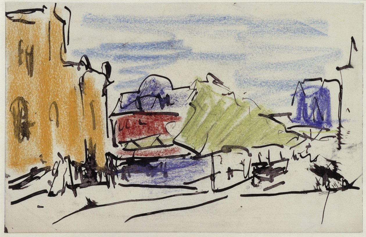 Paesaggio fluviale con case e passerella pedonale da Ernst Ludwig Kirchner