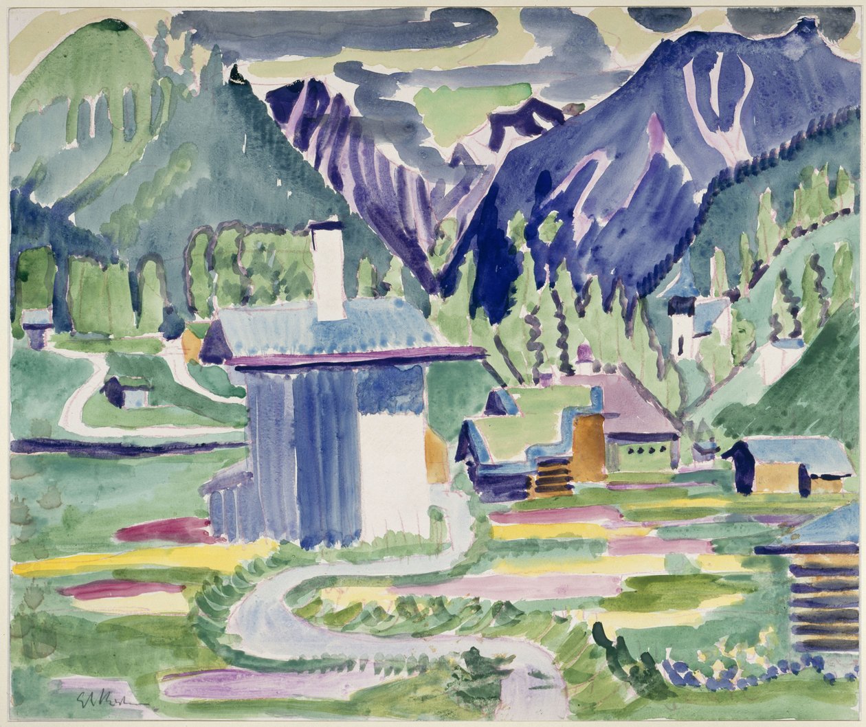 Case a Islen, con vista sulla chiesa di Frauenkirch da Ernst Ludwig Kirchner