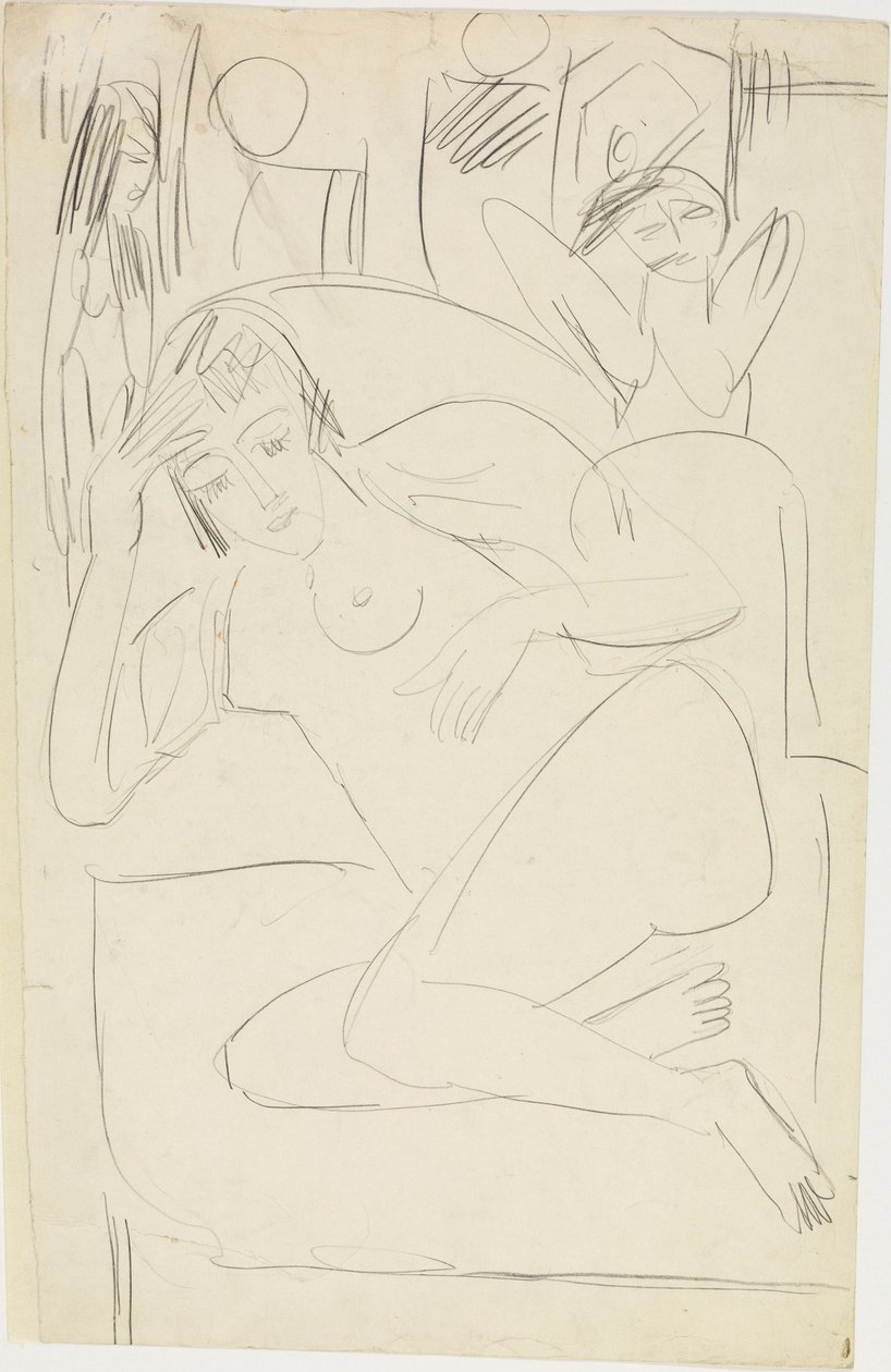Nudo femminile rannicchiato su una poltrona con figure di legno da Ernst Ludwig Kirchner