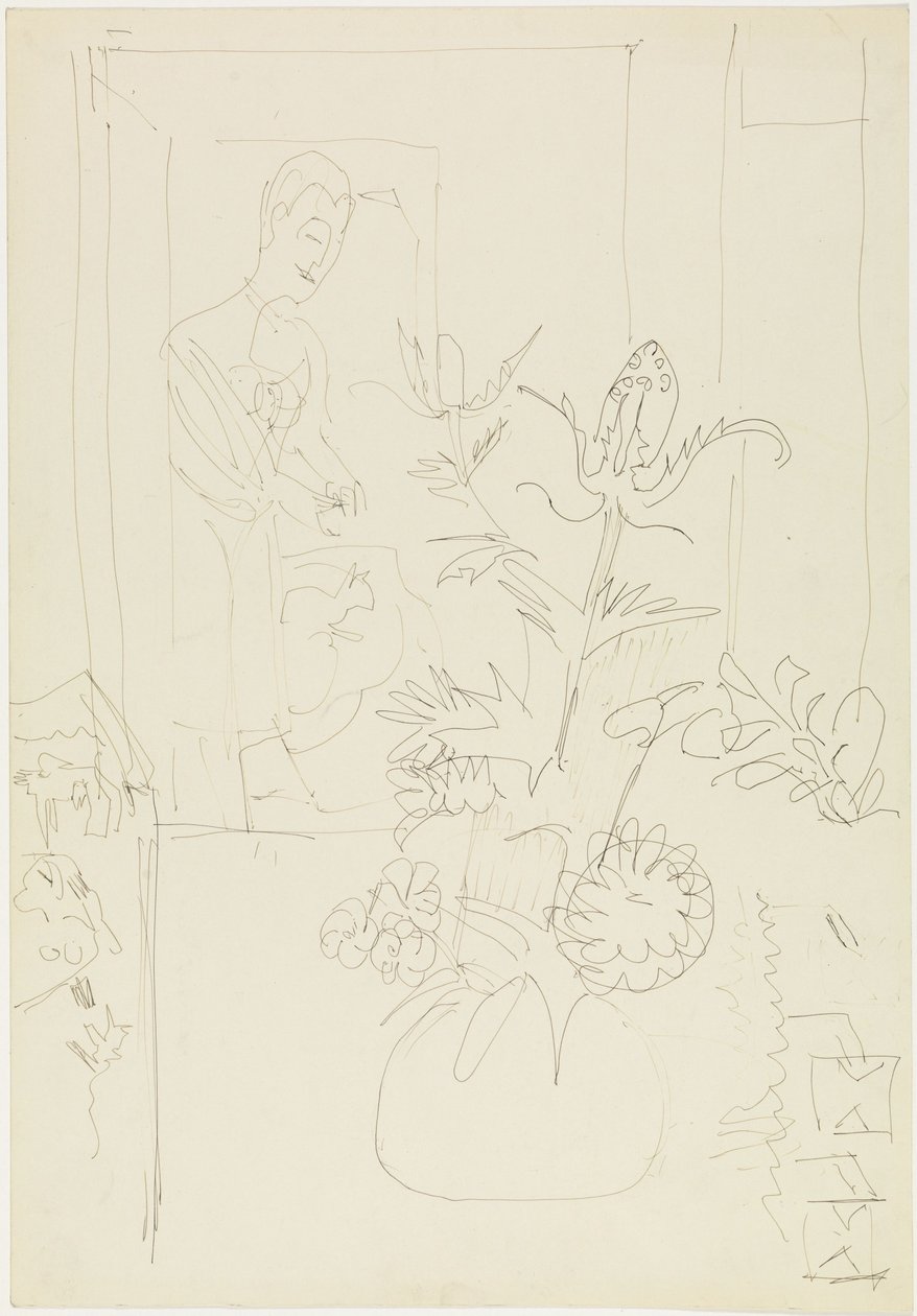 Interno con vaso di fiori, donna e gatto da Ernst Ludwig Kirchner