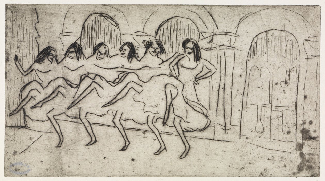 Lotte sdraiata su un cuscino / Sei ballerine davanti a una decorazione ad arco - Compagnia inglese da Ernst Ludwig Kirchner