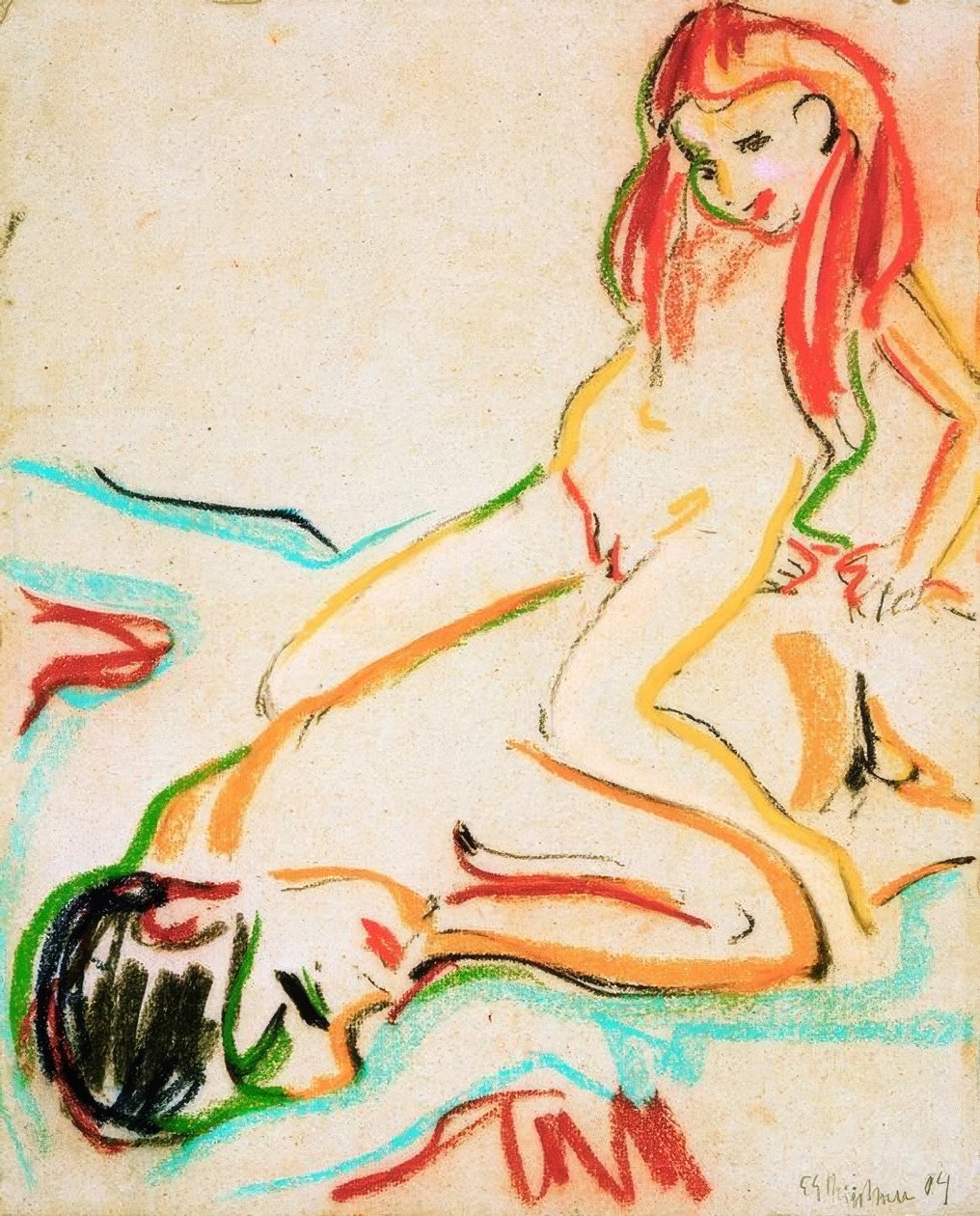 Uomo nudo sdraiato con bambino sulla schiena da Ernst Ludwig Kirchner