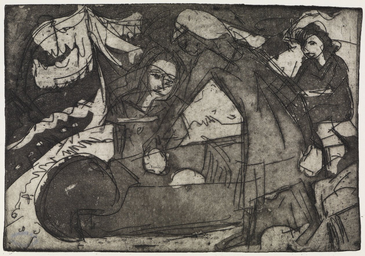 Ragazza con due bambini / Bambini con una carriola da Ernst Ludwig Kirchner