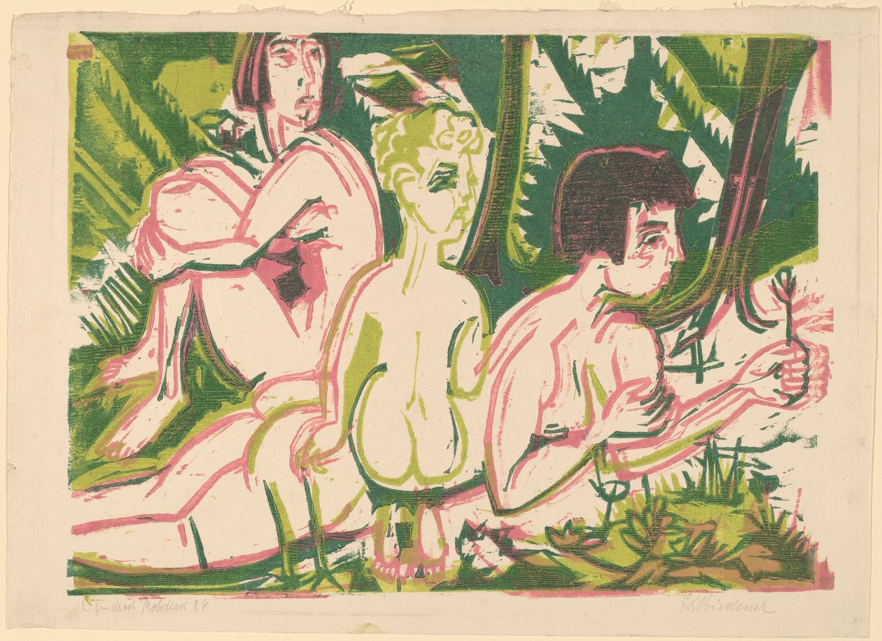 Donne nude con un bambino nella foresta da Ernst Ludwig Kirchner
