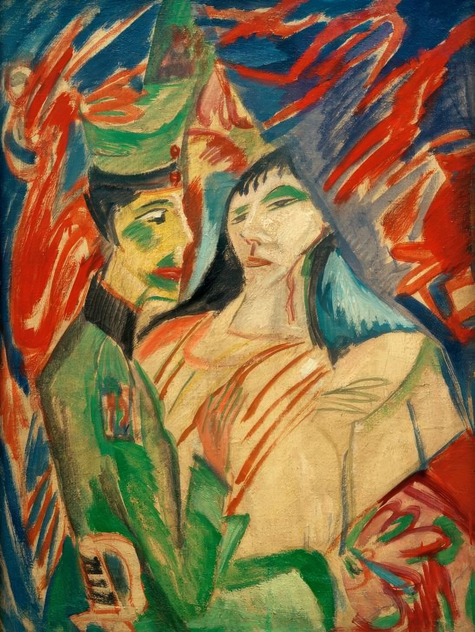 Soldato e ragazza tra tende colorate da Ernst Ludwig Kirchner