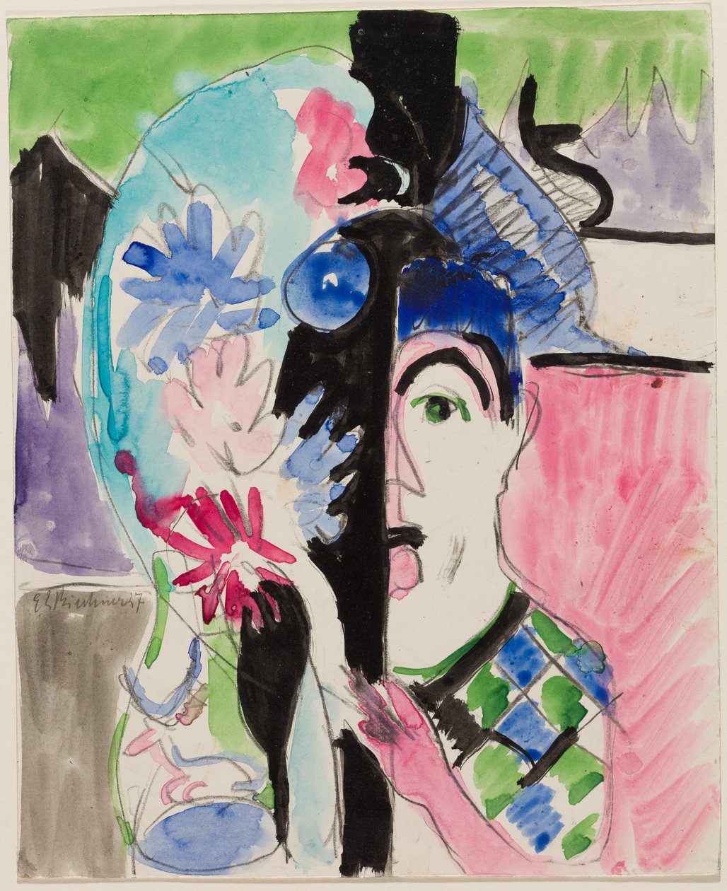 Studio per «Testa di mugnaio con fiori» da Ernst Ludwig Kirchner