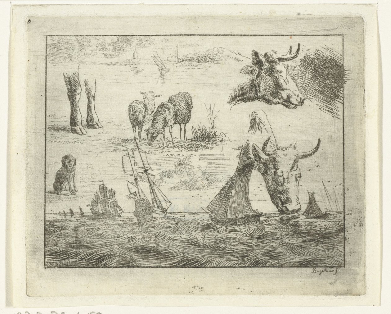 Studio con un paesaggio marino, due teste di mucca, pecore, un cane e due zampe da Ernst Willem Jan Bagelaar