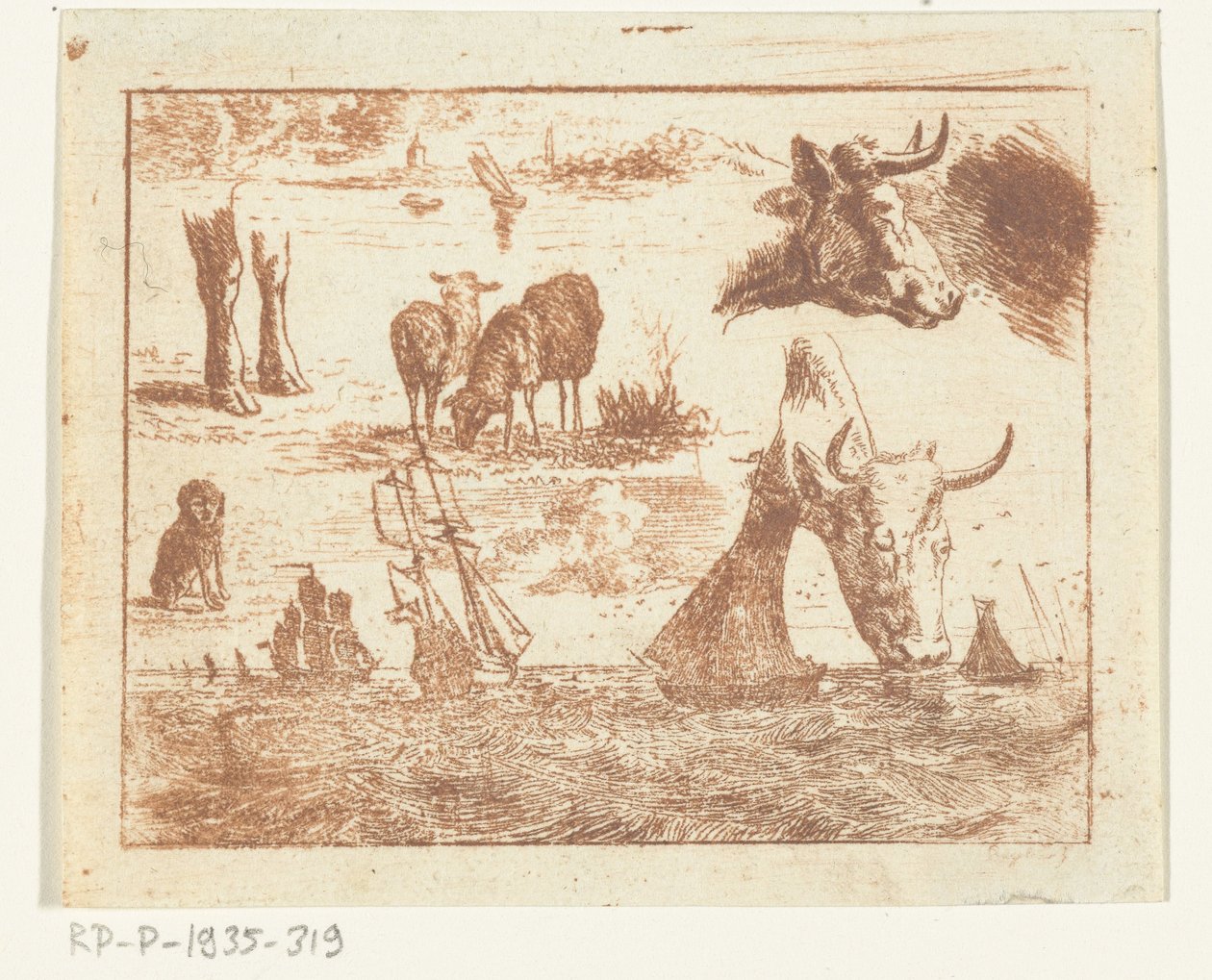 Foglio di studio con una veduta marina, due teste di mucca, pecore, un cane e due zampe da Ernst Willem Jan Bagelaar