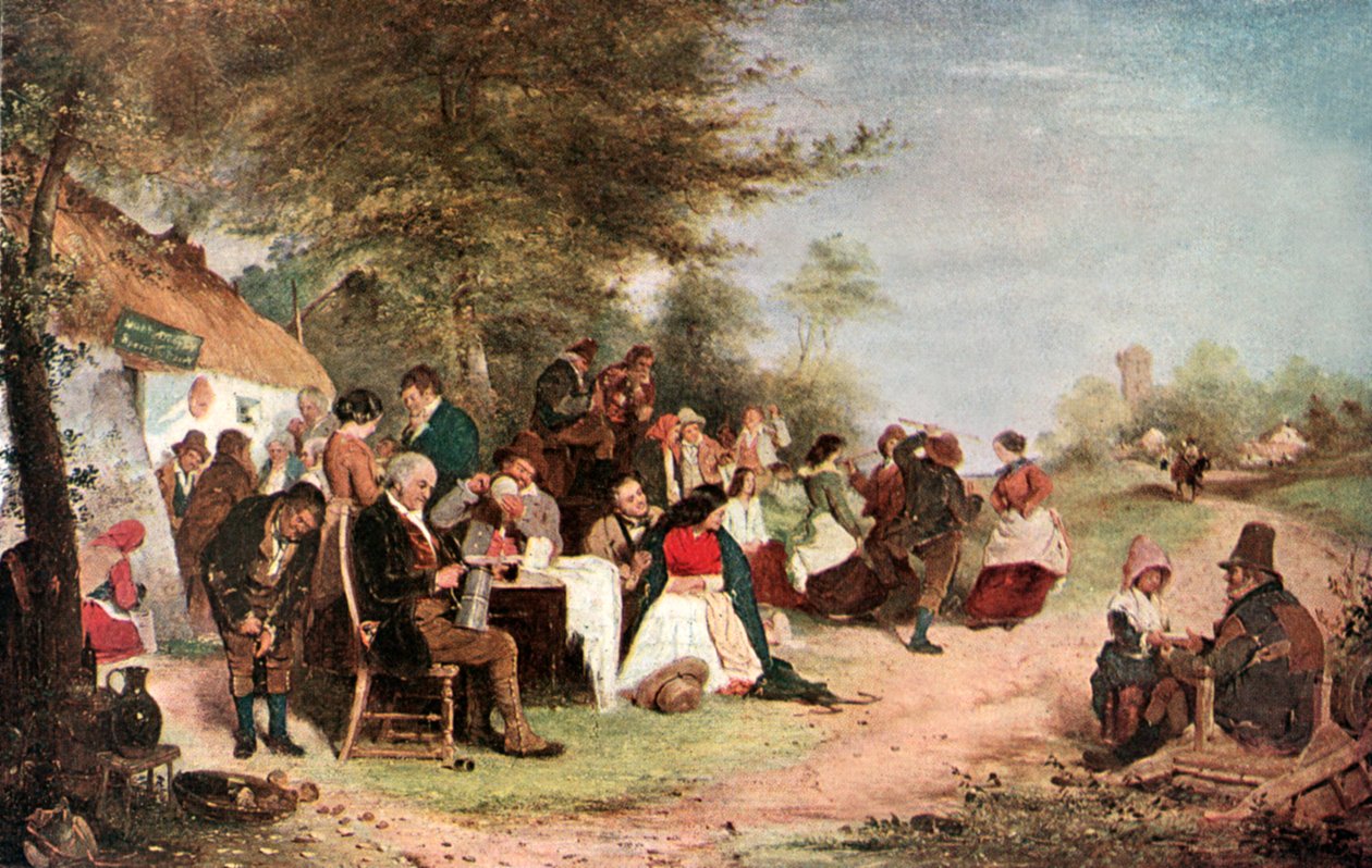 Una festa irlandese (litografia a colori) da Erskine Nicol