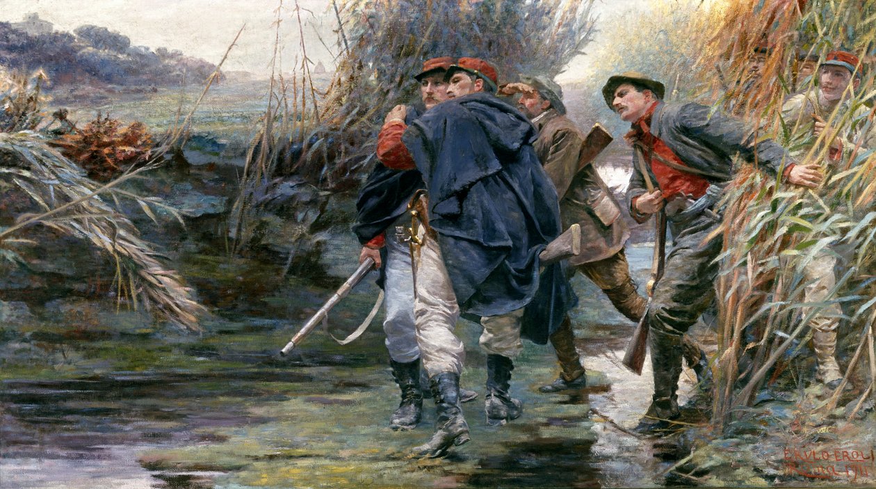 I fratelli Enrico e Giovanni Cairoli lungo il Tevere verso Villa Glori per liberare Roma dal governo pontificio da Erulo Eroli