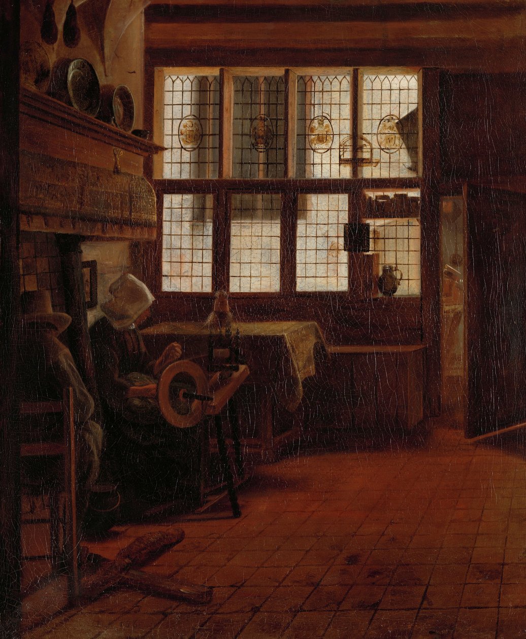 Interno con donna alla ruota del filatoio da Esaias Boursse