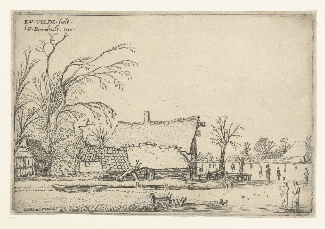 Fattoria presso un fiume ghiacciato con pattinatori (Paesaggi orizzontali) da Esaias van de Velde