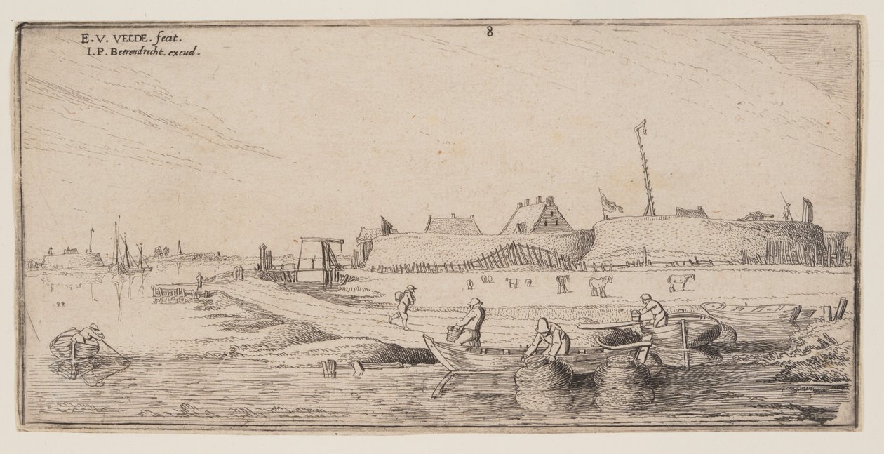 Pescatori in barca a remi di fronte a una città fortificata, da Paesaggi da Esaias van de Velde