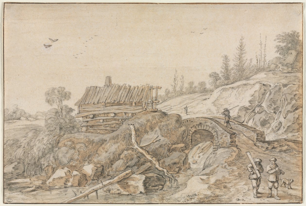 Paesaggio collinare con capanna accanto a un ruscello da Esaias van de Velde