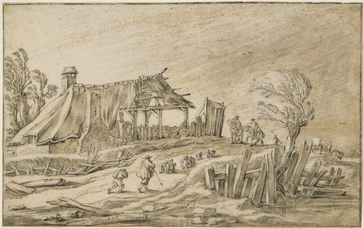 Strada di campagna con un gregge di pecore e dei cavalieri sotto una tempesta di pioggia da Esaias van de Velde