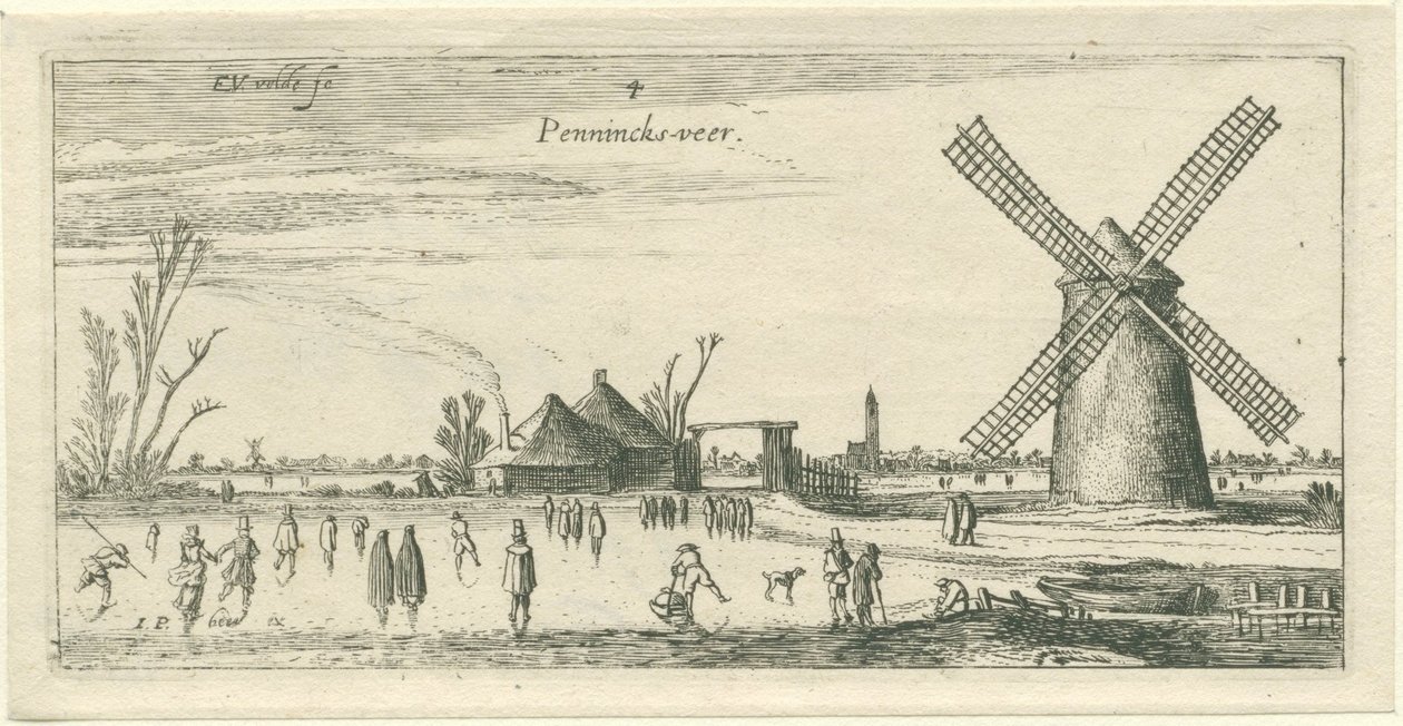 Pattinatori sul ghiaccio vicino a un mulino nei pressi di Penningsveer (serie: Paesaggi) da Esaias van de Velde
