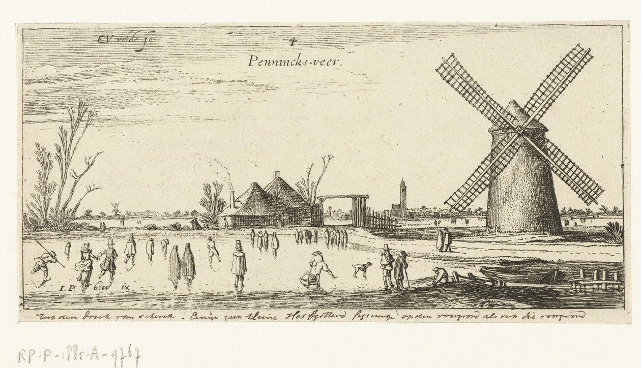Pattinatori sul ghiaccio vicino a un mulino nei pressi di Penningsveer da Esaias van de Velde