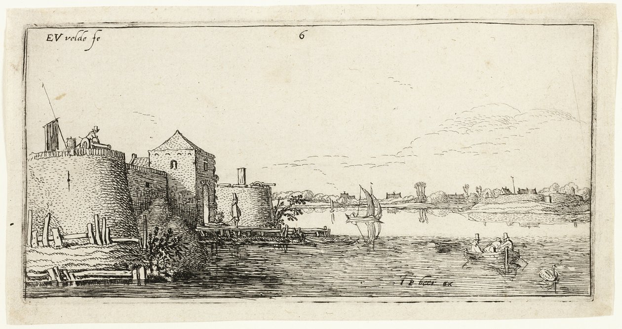 Dieci paesaggi: Città fluviale murata a sinistra di un fiume da Esaias van den Velde I