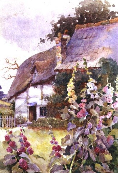 Malvarose fuori da un Cottage con il Tetto di Paglia da Ethel Davies