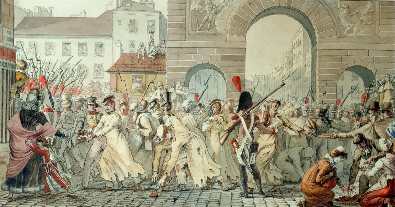 Prigionieri russi sfilano sul Boulevard Saint-Martin dopo la battaglia di Montmirail, 17 febbraio 1814 da Etienne Jean Delecluze