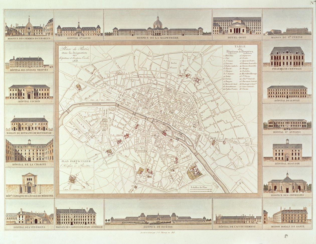 Piano di Parigi che indica ospedali civili e case, 1818, pubblicato nel 1820 da Etienne Jules Thierry