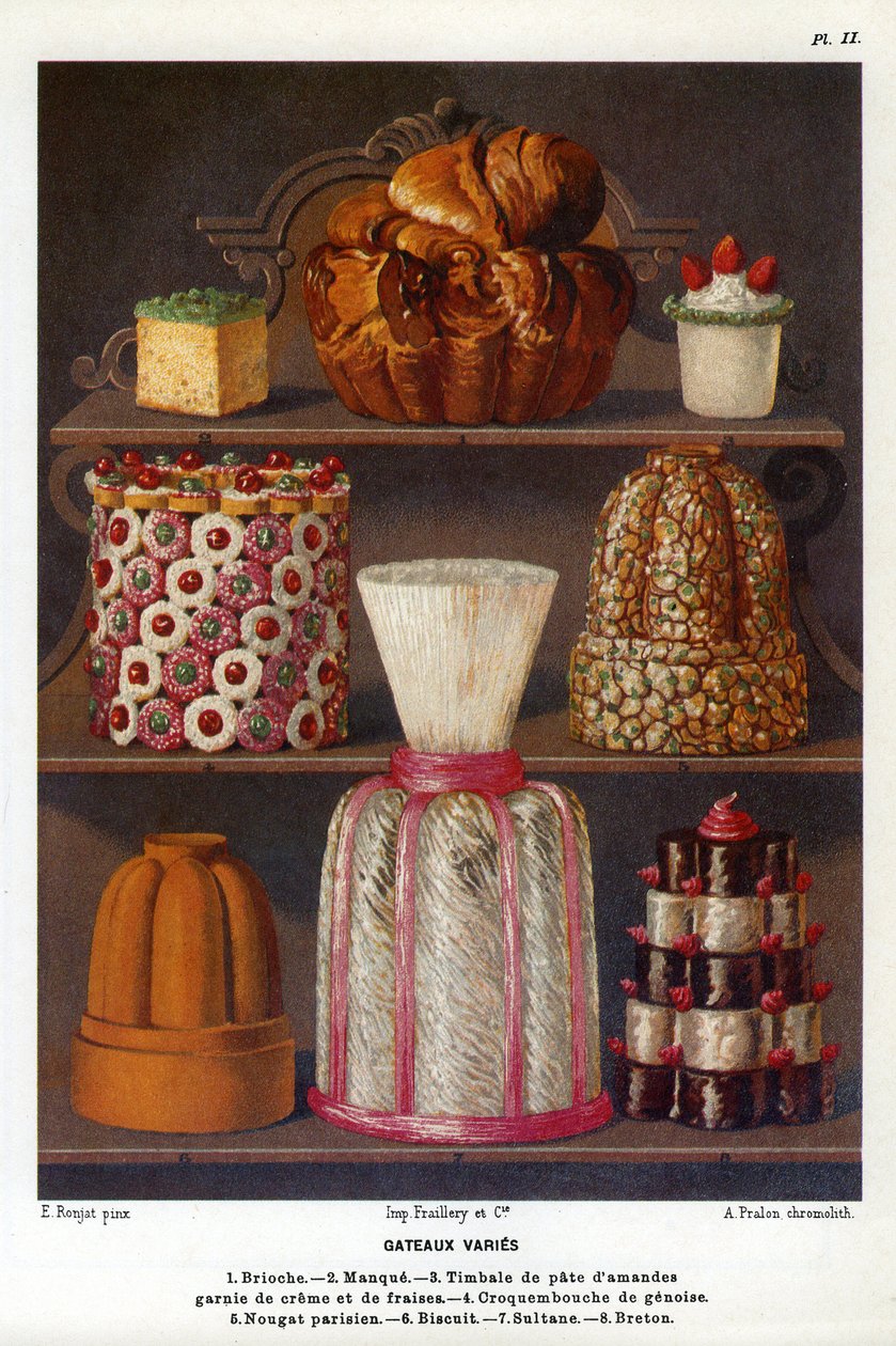 Dolci vari: brioche, mancanza, timpani di pasta di mandorle guarniti con crema e fragole, croquenbouche di genoise, torrone parigino, biscotto, sultana, bretone - Tavola n. 2 dal libro di pasticceria di Jules Gouffe, ufficiale di bocca del Jockey-Club di P da Etienne (after) Ronjat