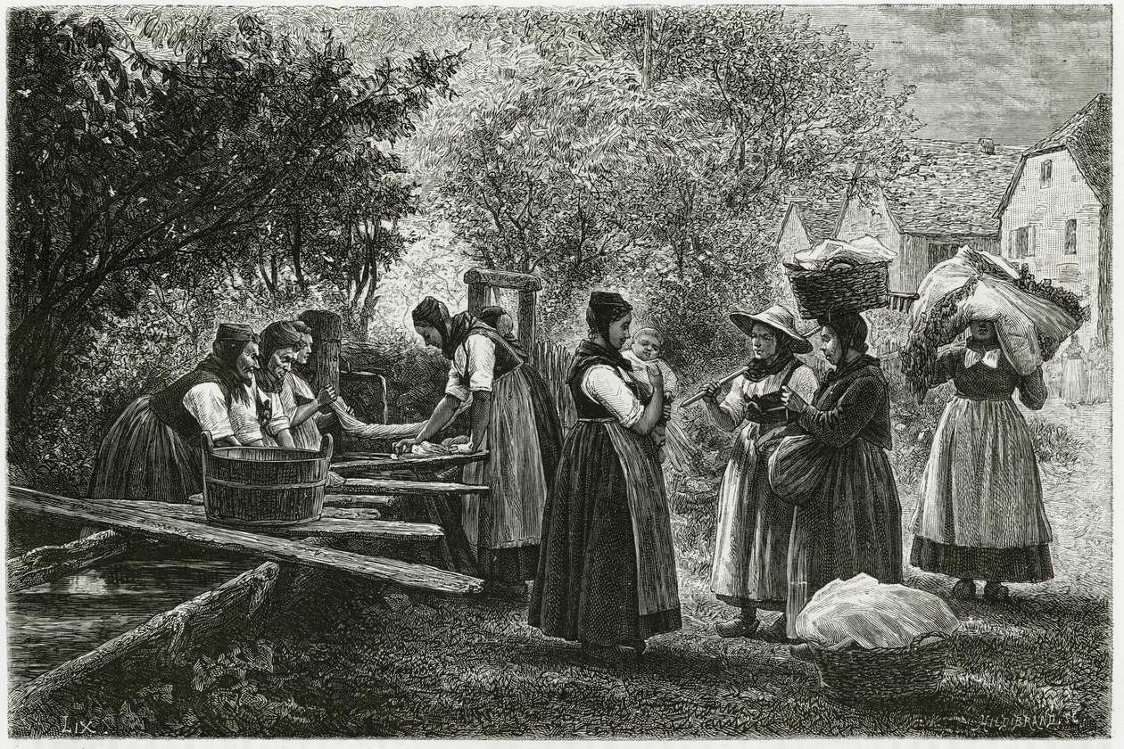Un bucato a Metzeral, donne che indossano costumi tradizionali della valle si riuniscono alla fontana del villaggio. Incisione di E.Ronjat, per illustrare la storia 