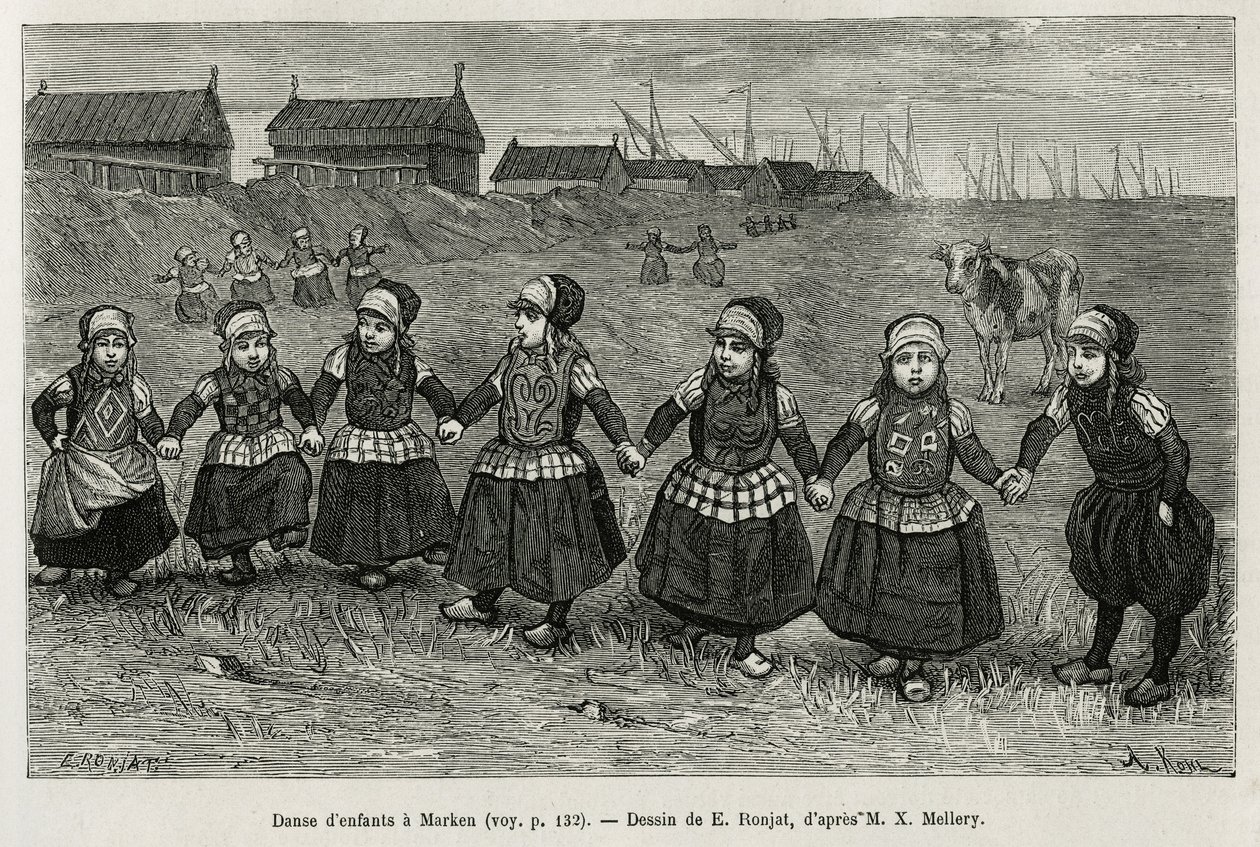 Danza dei bambini a Marken (Paesi Bassi), incisione dal disegno di E. Ronjat, per illustrare la storia dei Paesi Bassi, di Charles de Coster, nel 1878, pubblicato in Le tour du monde da Etienne Antoine Eugene Ronjat