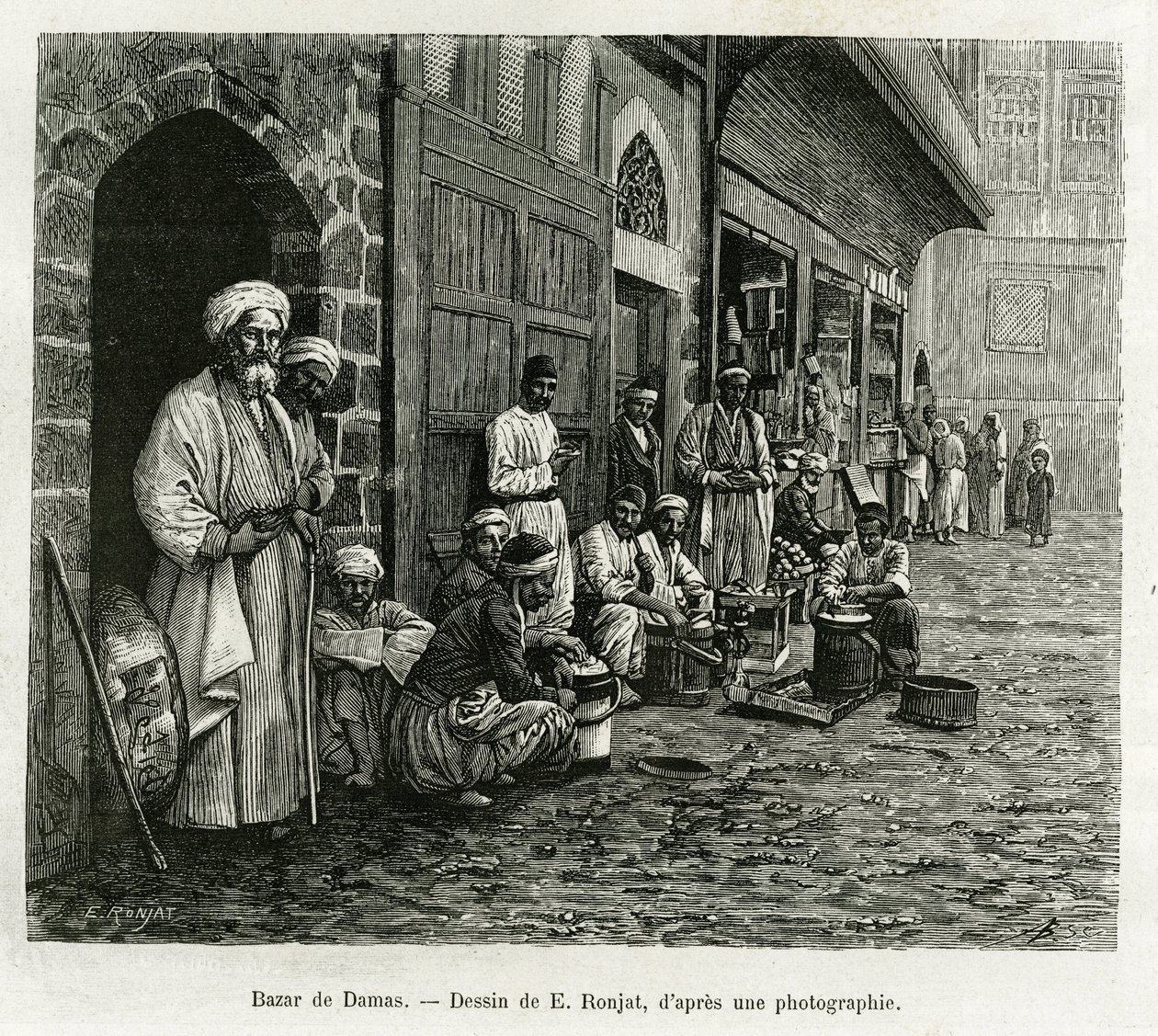 Bazar di Damasco. Incisione di E. Ronjat, per illustrare il racconto La Siria di oggi, di M. Lortet, decano della Facoltà di Medicina di Lione, incaricato di una missione dal Ministero dell