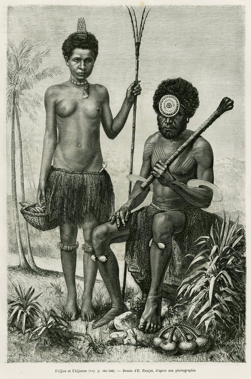Coppia fijiana. Incisione di E.Ronjat per illustrare la storia 