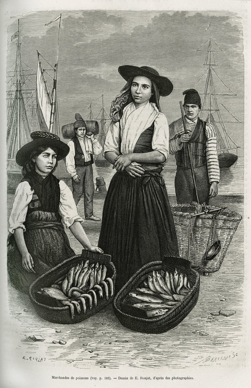 Mercanti di pesce, che indossano il costume tradizionale femminile: gonna corta e pieghettata, corpetto con bottoni d