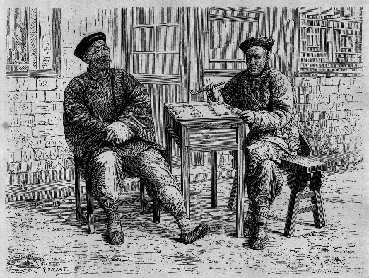 Giocatori di go nelle strade di Pechino nel XIX secolo. Incisione da un disegno di Ronjat, da una fotografia del dottor Morache, in "Le Tour du Monde, Nouveau journal des Voyages", a cura di Edouard Charton, Parigi da Etienne Antoine Eugene Ronjat