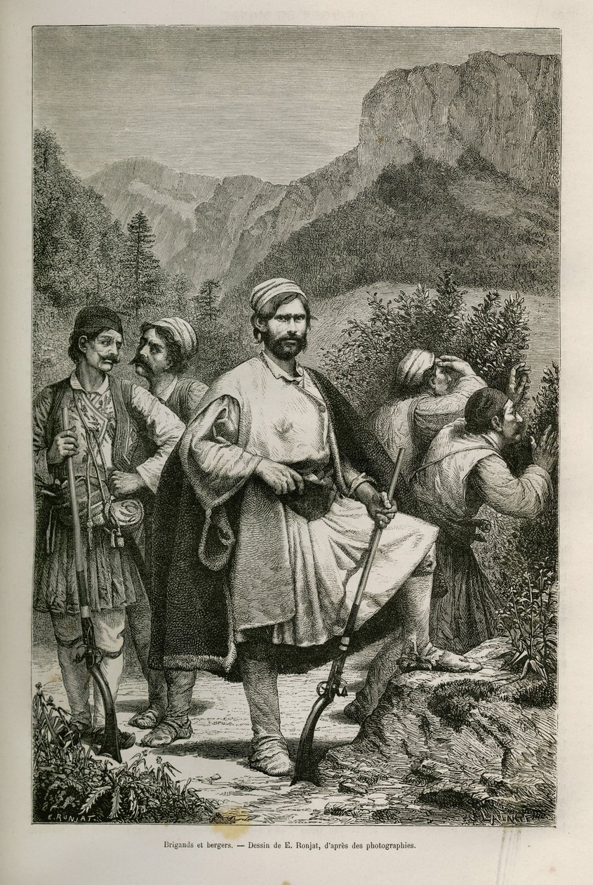 Briganti e pastori greci, complici nelle montagne, disegno di E. Ronjat, per illustrare il racconto di Henri Belle: Viaggio in Grecia da Etienne Antoine Eugene Ronjat