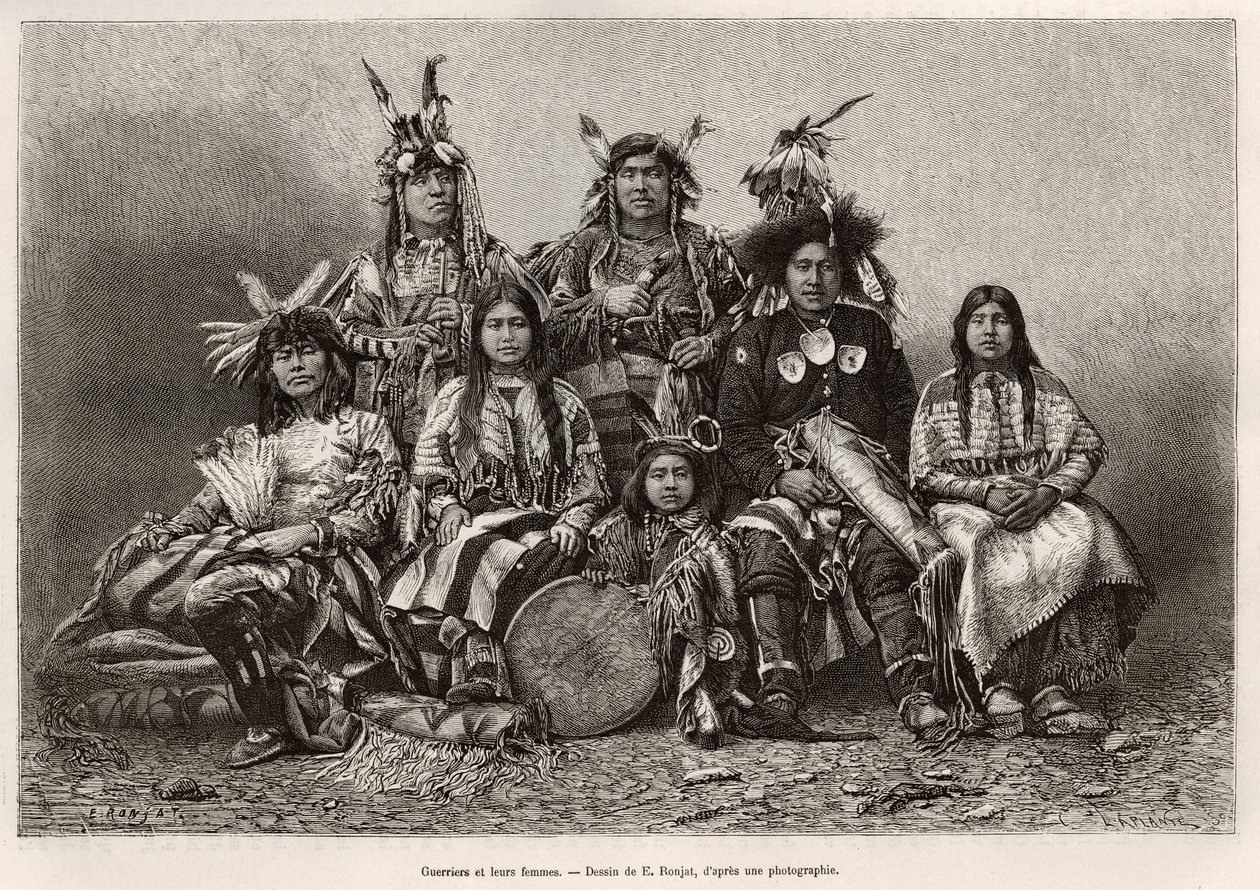 Guerrieri indiani e le loro mogli (Texas), incisione per illustrare la storia 