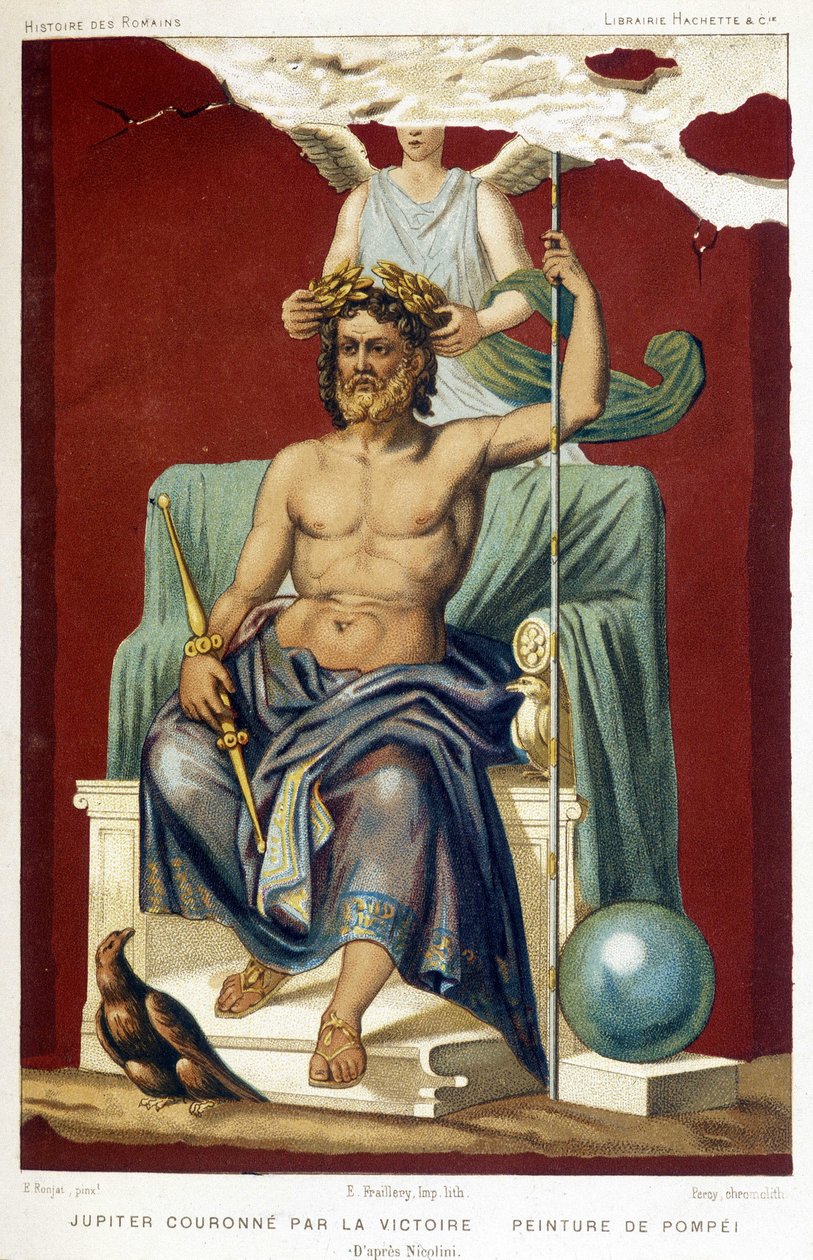 Giove (Zeus) incoronato dalla Vittoria - secondo un affresco di Pompei rilevato da Nicolini da Etienne Antoine Eugene Ronjat