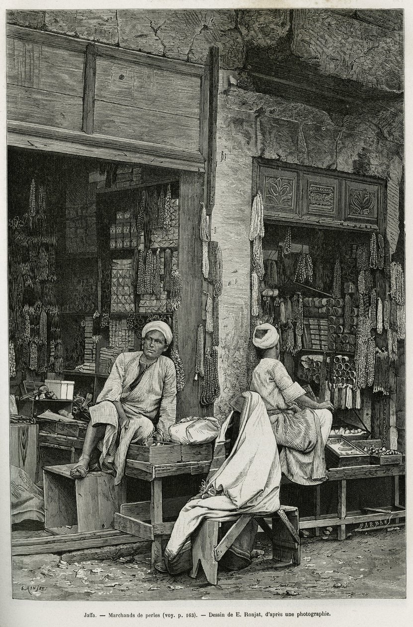 Mercanti di perle a Jaffa (Israele). Incisione di E.Ronjat per illustrare La Siria di oggi, di M.Lortet, decano della Facoltà di Medicina di Lione, incaricato di una missione scientifica dal Ministero dell