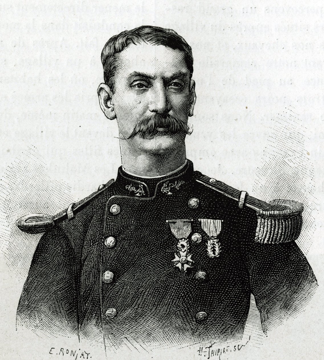Ritratto del Comandante Joseph Gallieni, durante la spedizione in Africa (1879-1882). Incisione di E. Ronjat da una fotografia, per illustrare la storia "Esplorazione dell