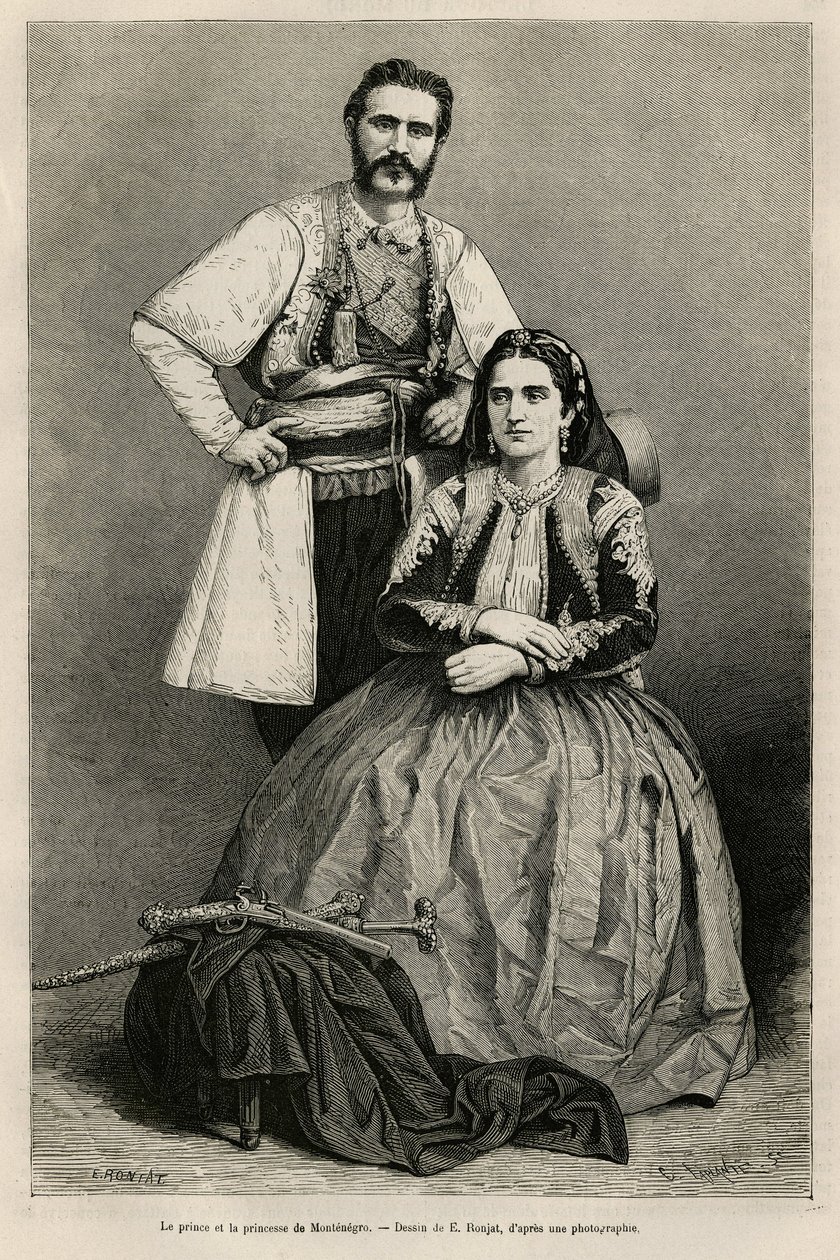 Ritratti del Principe del Montenegro Nicholas I Petrovicz Niegosch (1841-1921) e di sua moglie, Milena, nata Voukovich (1847-1923), disegno di E. Ronjat, per illustrare il viaggio in Montenegro, nel 1874, di Charles Yriarte (1832-1898). Incisione in Le tou da Etienne Antoine Eugene Ronjat