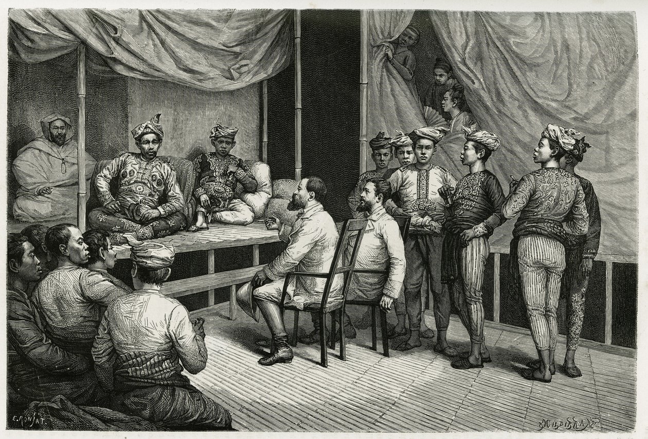 Accoglienza dei viaggiatori al palazzo del sultano di Soulou (o Sulu) (arcipelago delle Filippine), Mohammed Yamalul Alam. Incisione di E.Ronjat, per illustrare il racconto “Viaggio nelle Filippine” da Etienne Antoine Eugene Ronjat