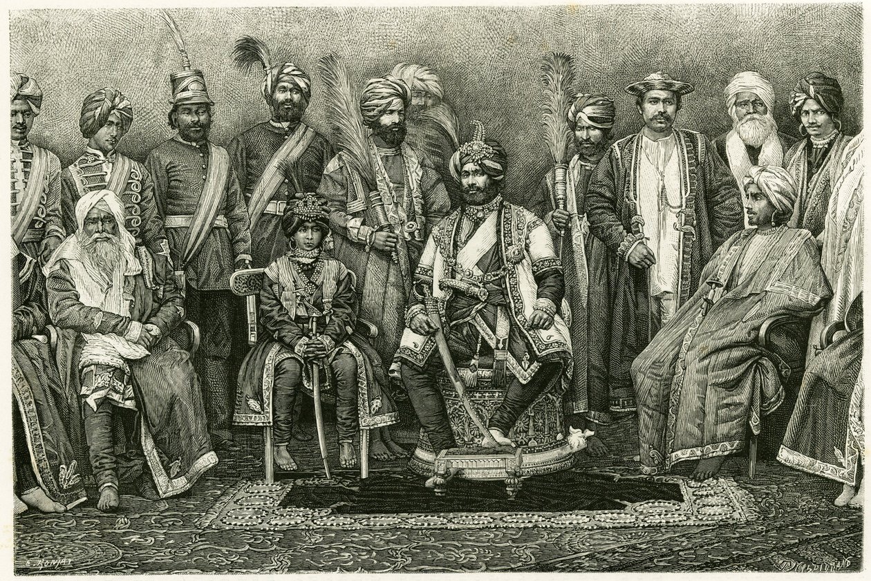 Il maharajah del Kashmir, Rambhir Sing e la sua corte. Incisione di E. Ronjat, per illustrare la storia 