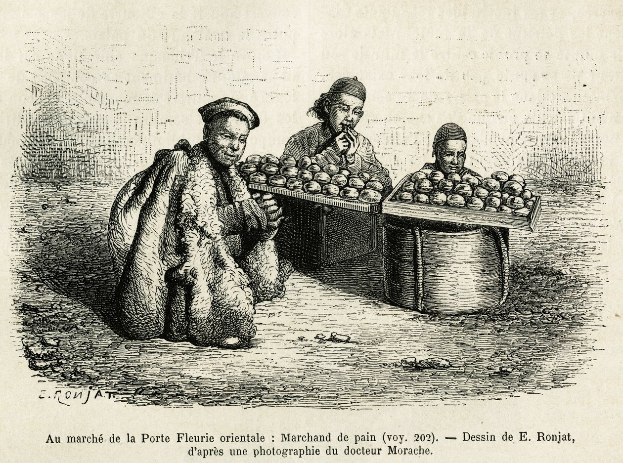 Il mercante di pane, ai piedi della Porta del Fiore Orientale del Palazzo Imperiale a Pechino, una scena quotidiana. Incisione dal disegno di E. Ronjat, per illustrare il viaggio a Pechino e nel Nord della Cina, di T. Choutze, nel 1873, pubblicato in "Le t da Etienne Antoine Eugene Ronjat