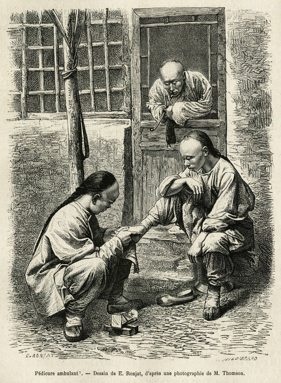 Il pedicure ambulante, scena comune della vita quotidiana nelle città cinesi, incisione per illustrare il viaggio a Pechino e nel Nord della Cina, 1873, di T. Choutze da Etienne Antoine Eugene Ronjat