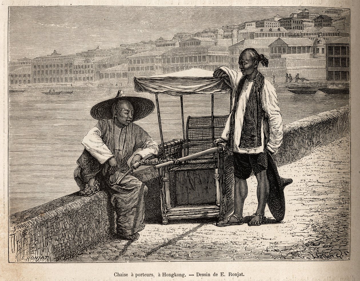 Due portatori a riposo accanto alla loro sedia a rotelle a Hong Kong, incisione dopo un disegno di E. Ronjat illustrante il viaggio in Cina, di J. Thompson, nel 1870-1872, pubblicato in 
